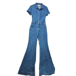 Wisteria Lane Denim Bell Bottom Jumpsuit Retro 70s Style Wide Leg Flare Size M